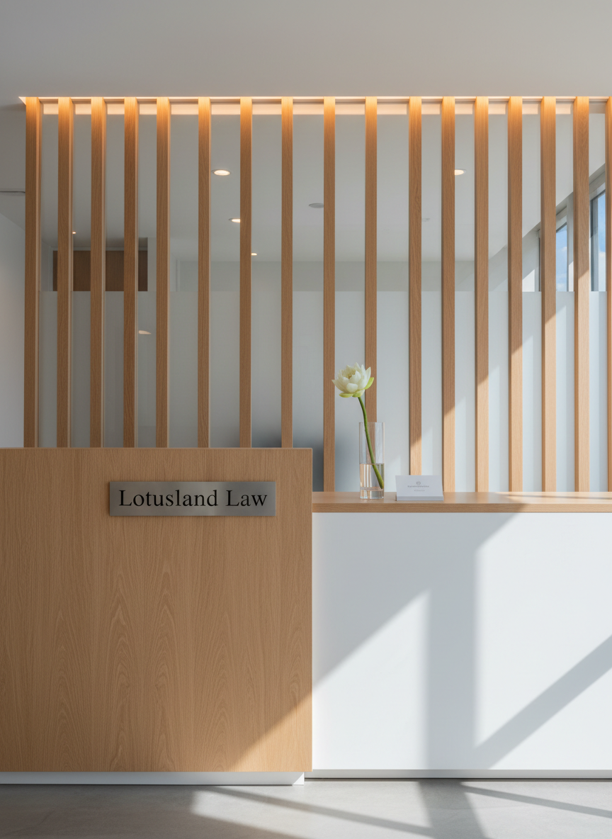 Lotusland Law reception with a single white lotus and a discreet engraved plaque.
