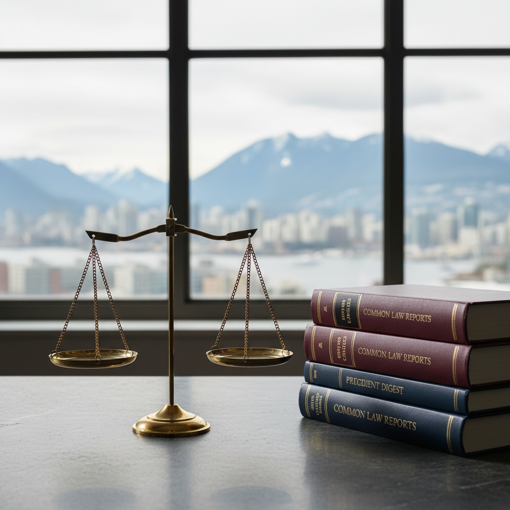 A close-up of a balanced brass scale of justice standing on a smooth, charcoal-grey stone surface, beside a neatly arranged stack of thick legal casebooks with dark blue and burgundy covers. In the distant background, through a large glass window, the soft outline of Vancouver’s harbor and mountains appears slightly blurred. Soft overcast daylight filters into the room, giving the brass a gentle, muted sheen and casting quiet, defined shadows. Photographic realism with a centered, slightly low-angle composition, sharp focus on the scale, and a gradual falloff into a soft bokeh. The atmosphere is steady, meticulous, and authoritative, suited for a serious law practice website.