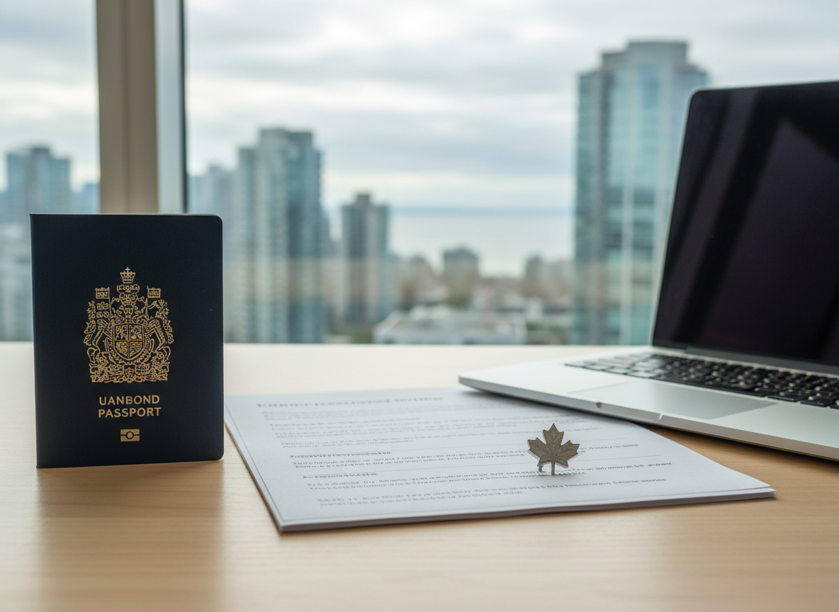 Canadian passport and immigration paperwork beside a laptop.